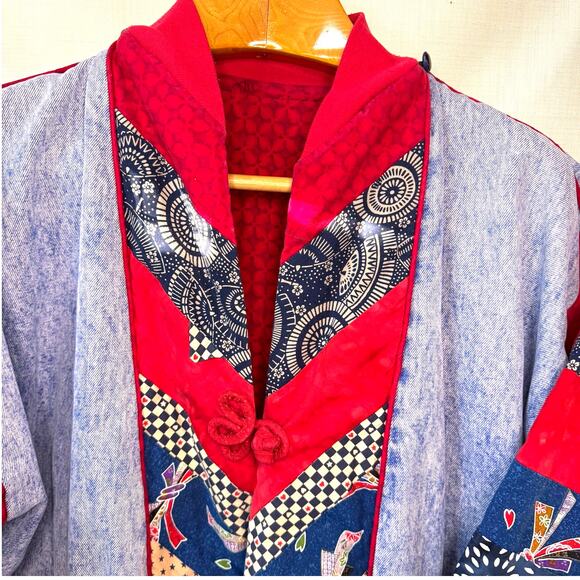 Upcycled Patchwork Denim Jacket Women L Quilted Retro Cotton Ecclectic Boho OOAK - Picture 4 of 16